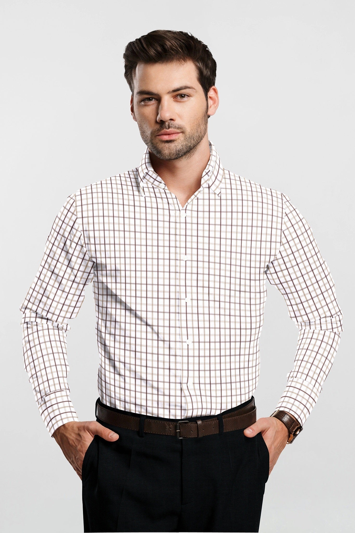 White with Mocha Brown and Beige Checks Cotton Shirt