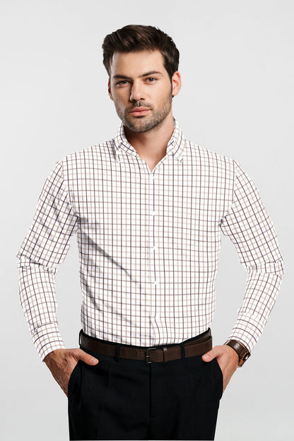 White with Mocha Brown and Beige Checks Cotton Shirt