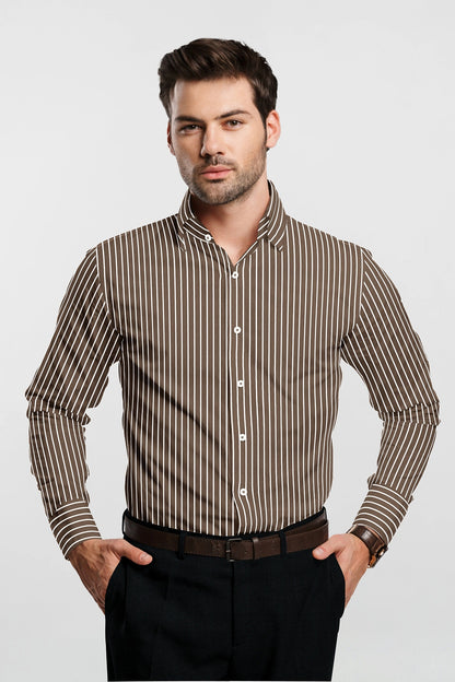 Tortilla Brown and White Pinstripes Men's Cotton Shirt