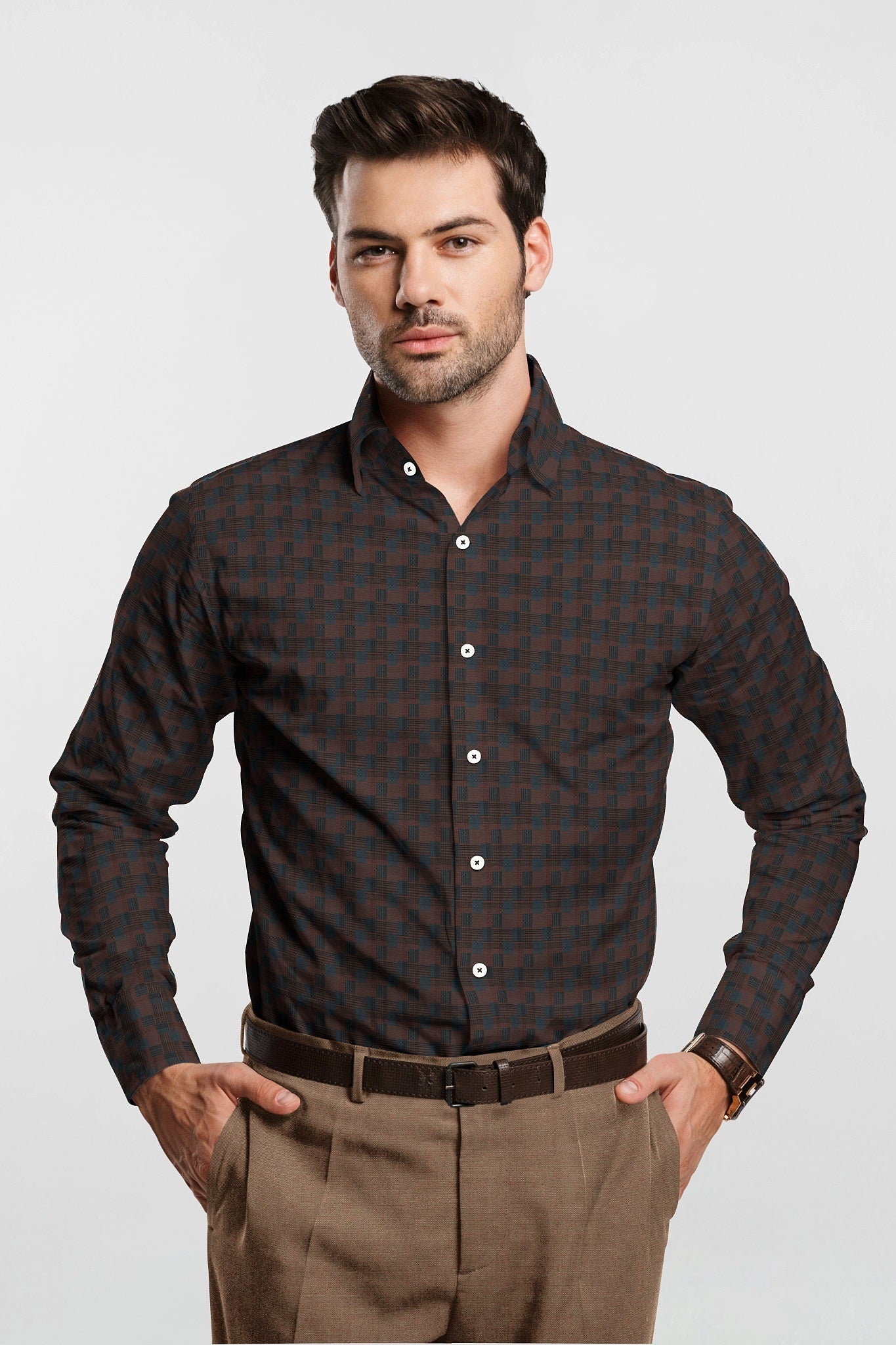 Cinnabar Brown and Teal Blue Jacquard Check Giza Cotton Shirt