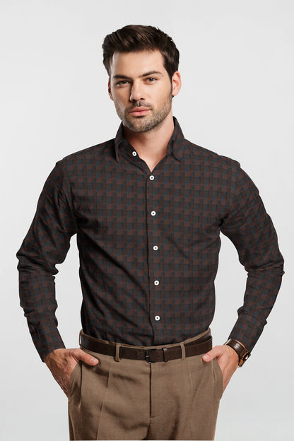 Cinnabar Brown and Teal Blue Jacquard Check Giza Cotton Shirt