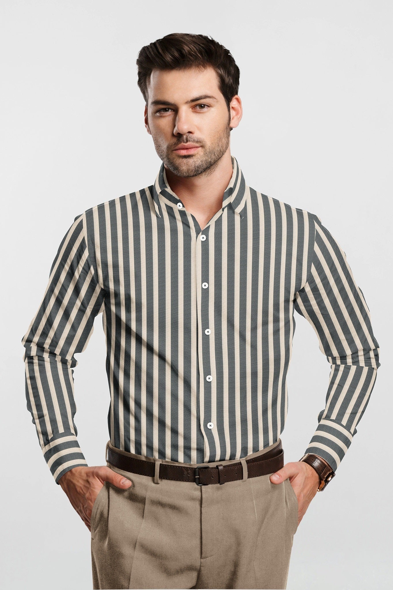 Beige and Jade Black Oxford Stripes Cotton Shirt
