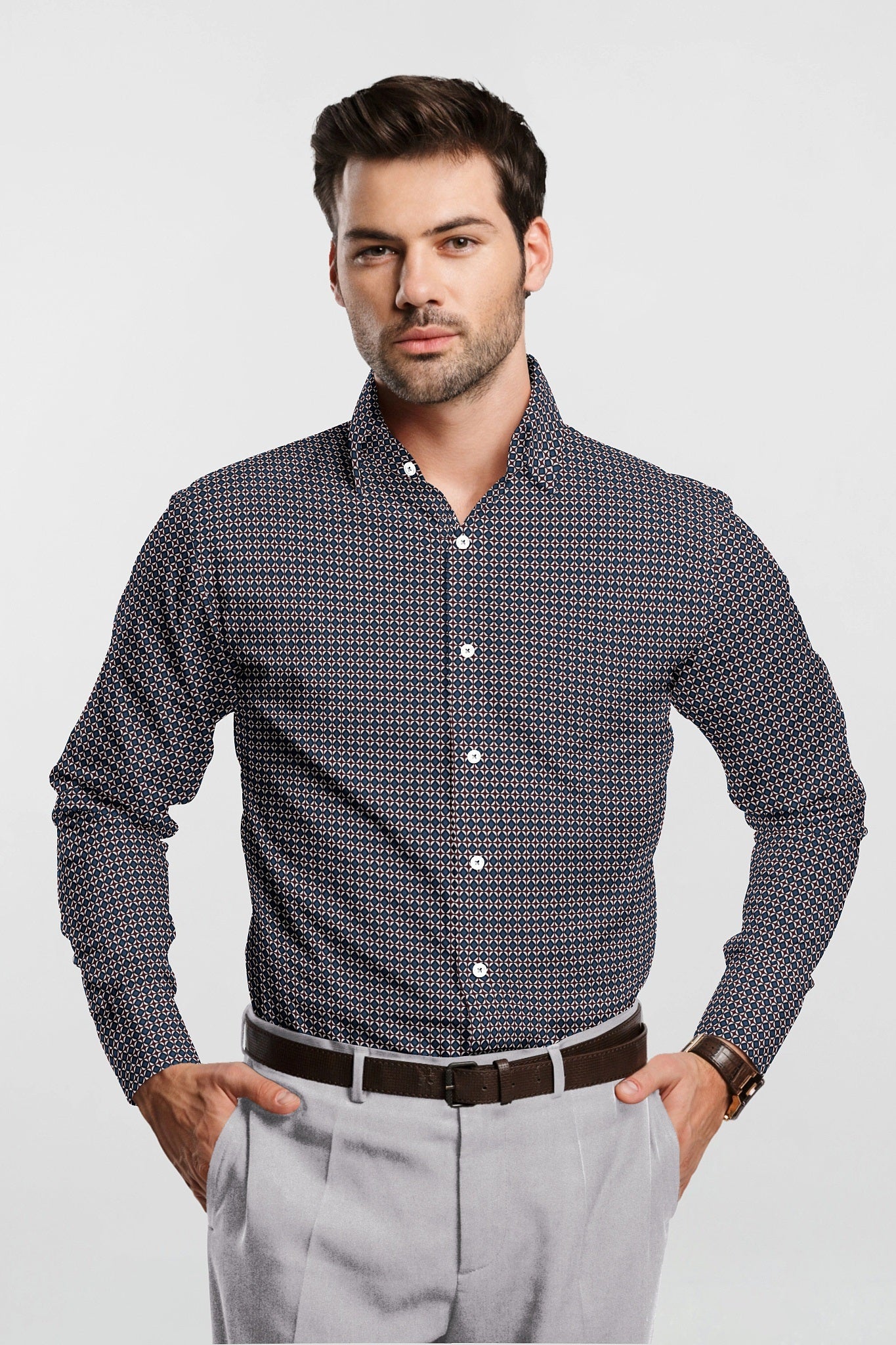 Gibraltar Blue with Russet Brown and White Diamond Printed Cotton Shirt