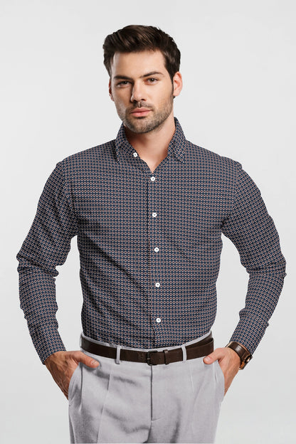 Gibraltar Blue with Russet Brown and White Diamond Printed Cotton Shirt