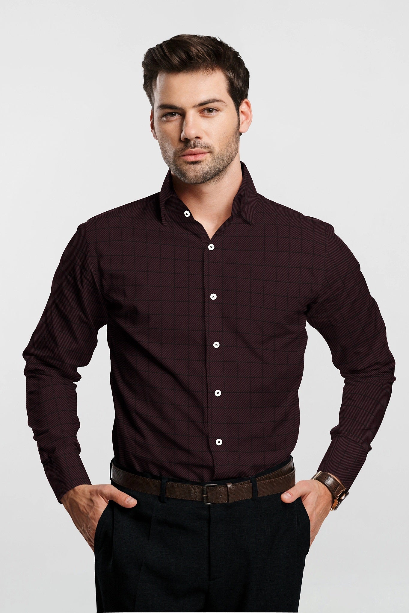 Amaranth Red And Black Windowpane Checks Cotton Premium Egyptian Giza Cotton Shirt