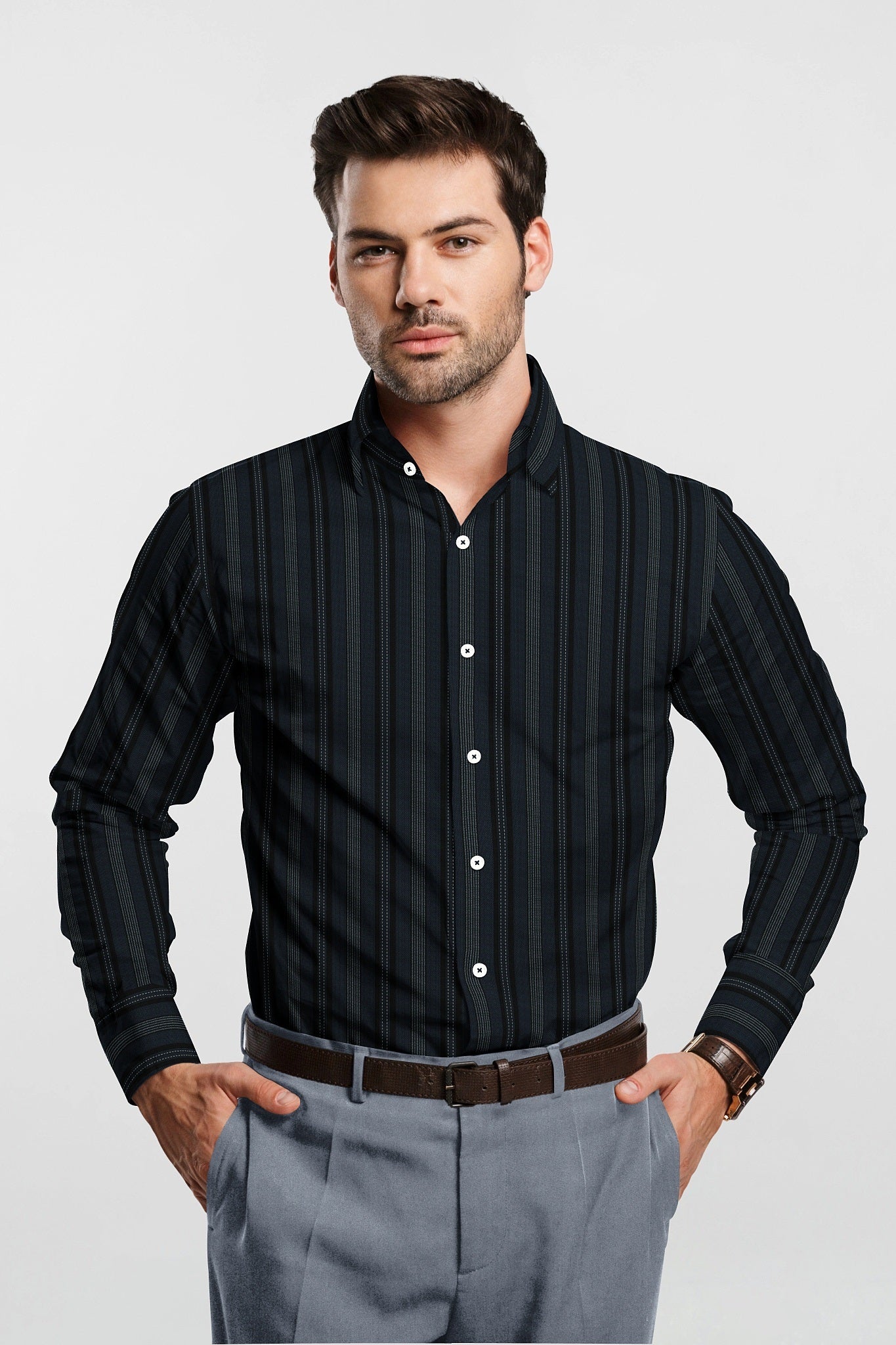 Jet Black With Cobalt Blue and White Broken Thread Stripes Cotton Shirt
