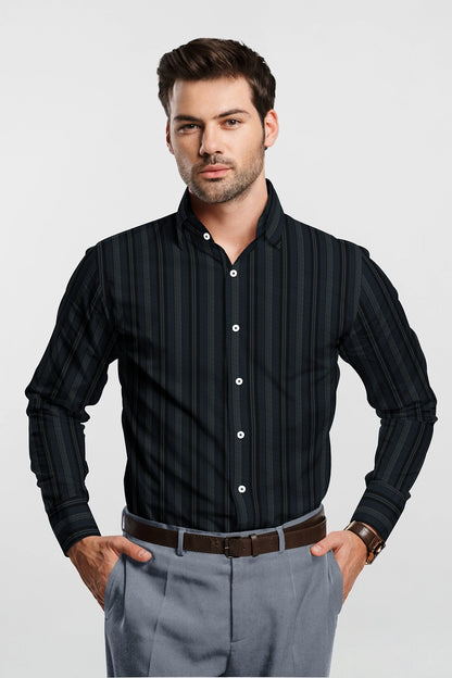 Jet Black With Cobalt Blue and White Broken Thread Stripes Cotton Shirt