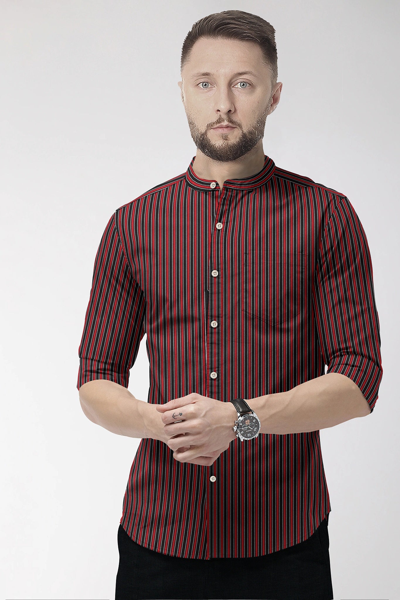 Fiery Red and Jade Black Regimental Stripes Mandarin Collar Cotton Shirt