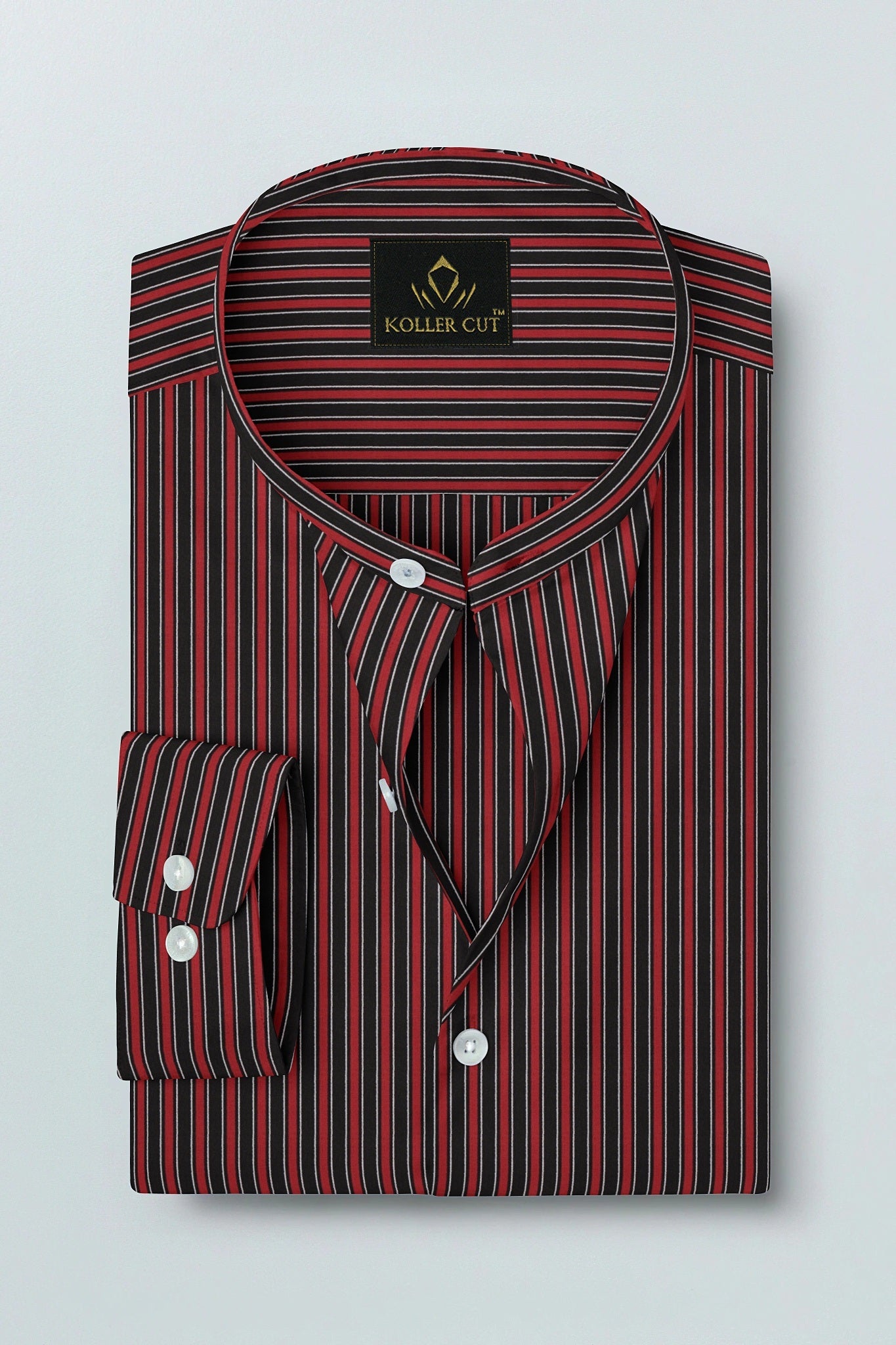 Fiery Red and Jade Black Regimental Stripes Mandarin Collar Cotton Shirt