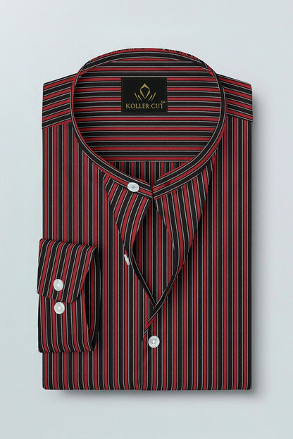 Fiery Red and Jade Black Regimental Stripes Mandarin Collar Cotton Shirt