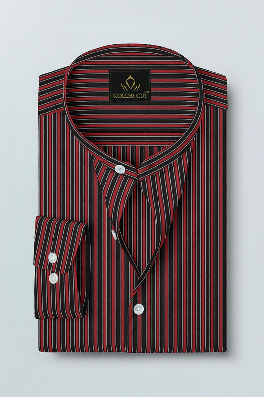 Fiery Red and Jade Black Regimental Stripes Mandarin Collar Cotton Shirt