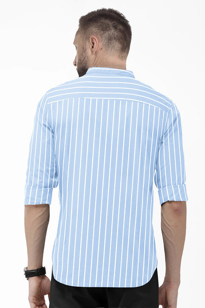 Blizzard Blue and White Mandarin Collar Wide Pinstripes Cotton Shirt