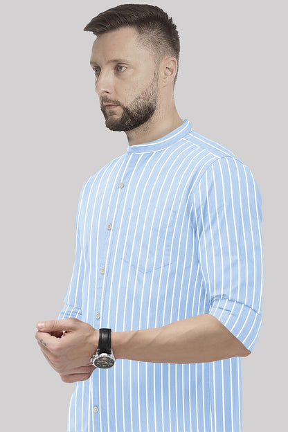 Ethereal Blue and White Stripes Mandarin Collar Cotton Shirt