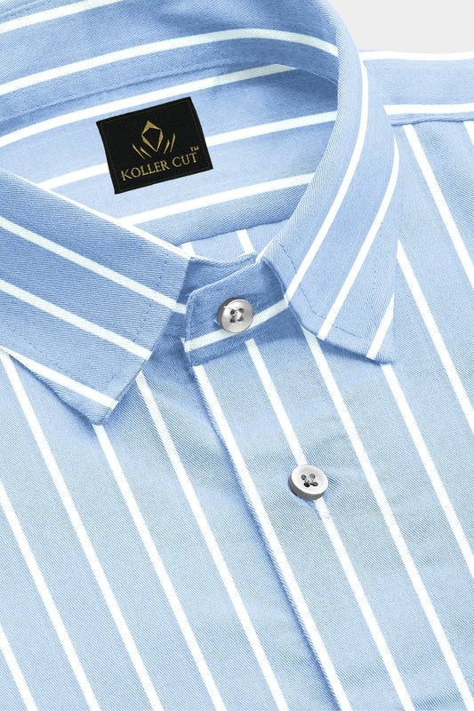 Blizzard Blue and White Wide Pinstripes Cotton Shirt