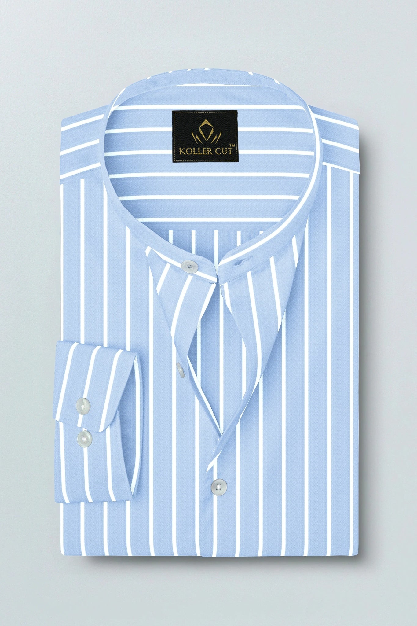 Blizzard Blue and White Mandarin Collar Wide Pinstripes Cotton Shirt