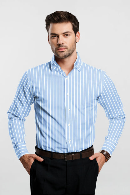 Blizzard Blue and White Wide Pinstripes Cotton Shirt