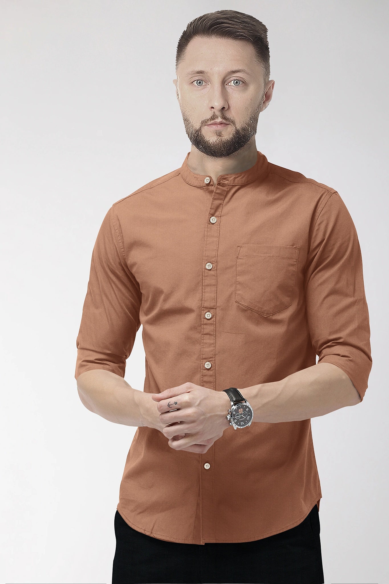 Caramel Brown Mandarin Collar Premium Oxford Cotton Shirt