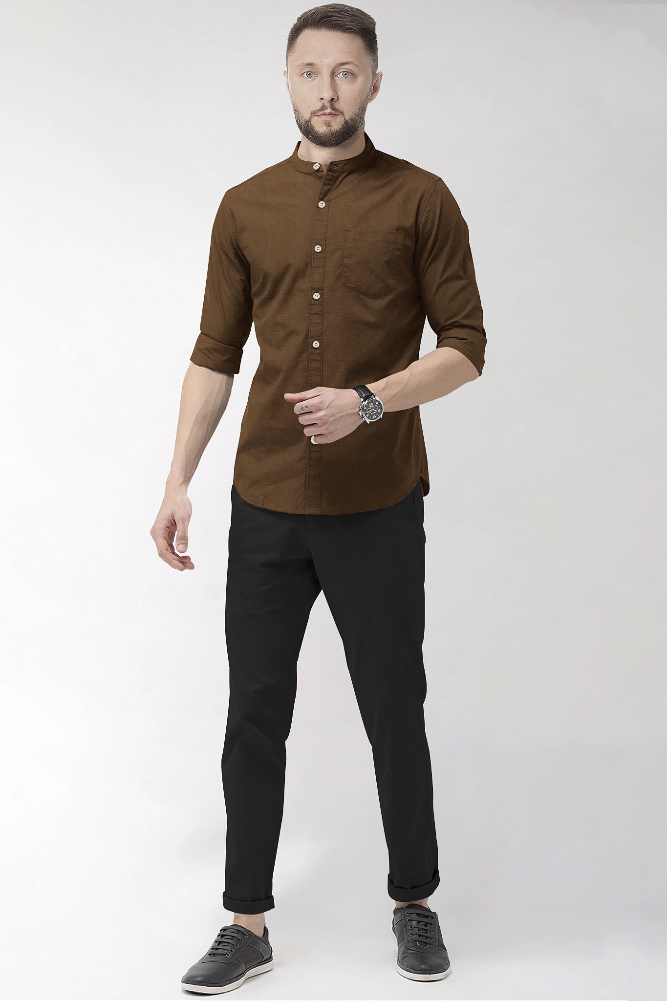 Bison Brown Mandarin Collar Premium Oxford Cotton Shirt