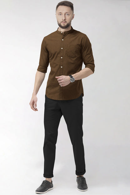 Bison Brown Mandarin Collar Premium Oxford Cotton Shirt
