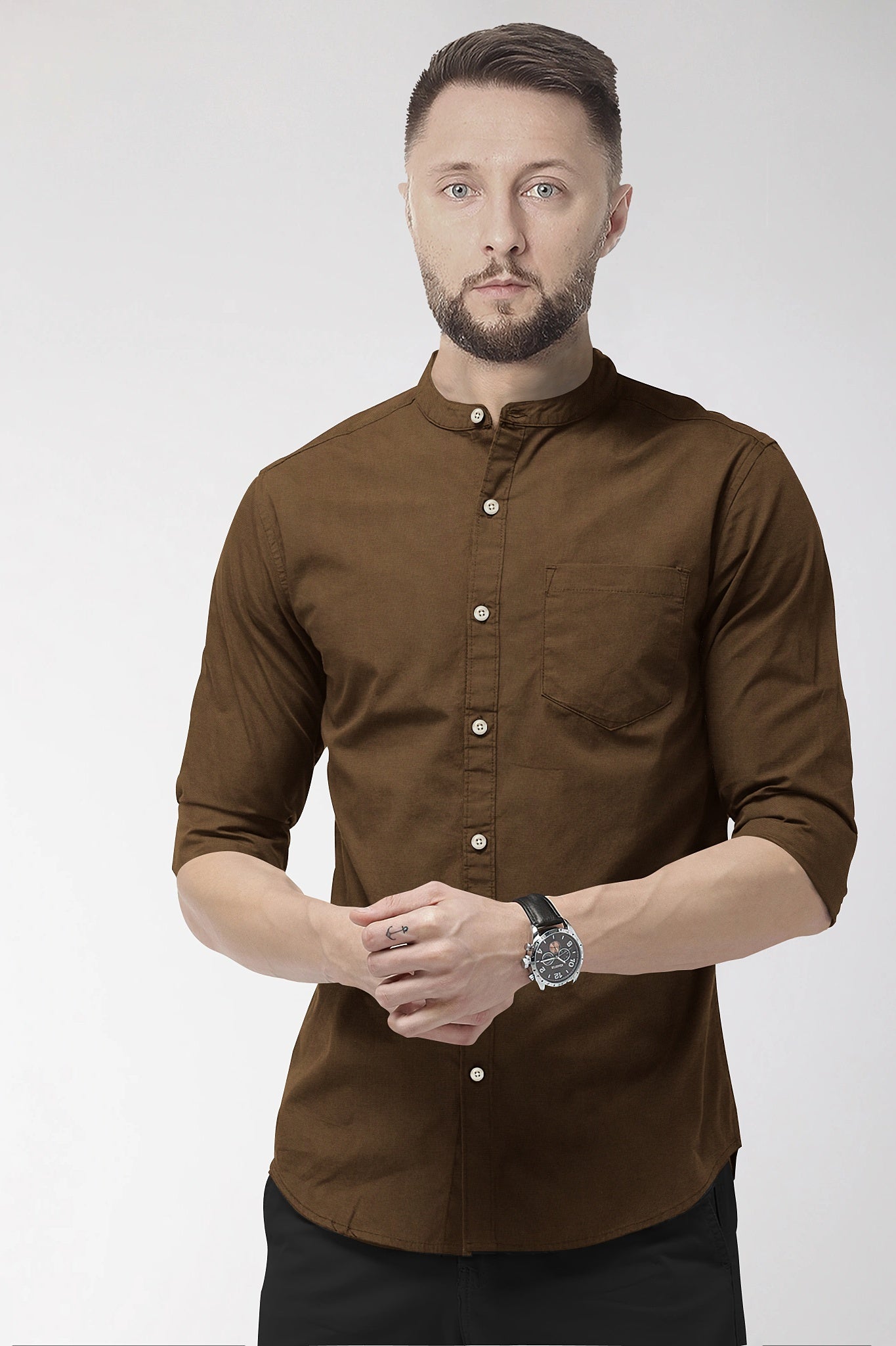 Bison Brown Mandarin Collar Premium Oxford Cotton Shirt