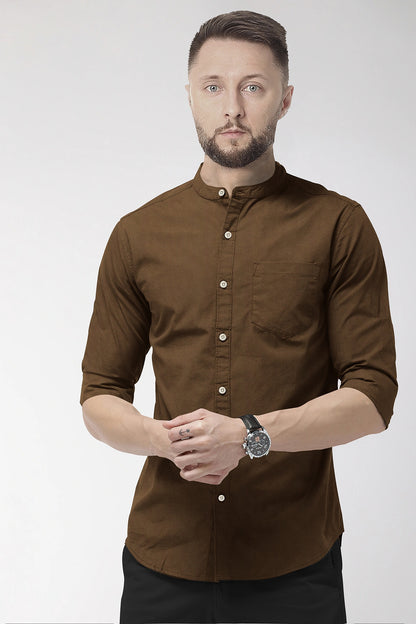 Bison Brown Mandarin Collar Premium Oxford Cotton Shirt