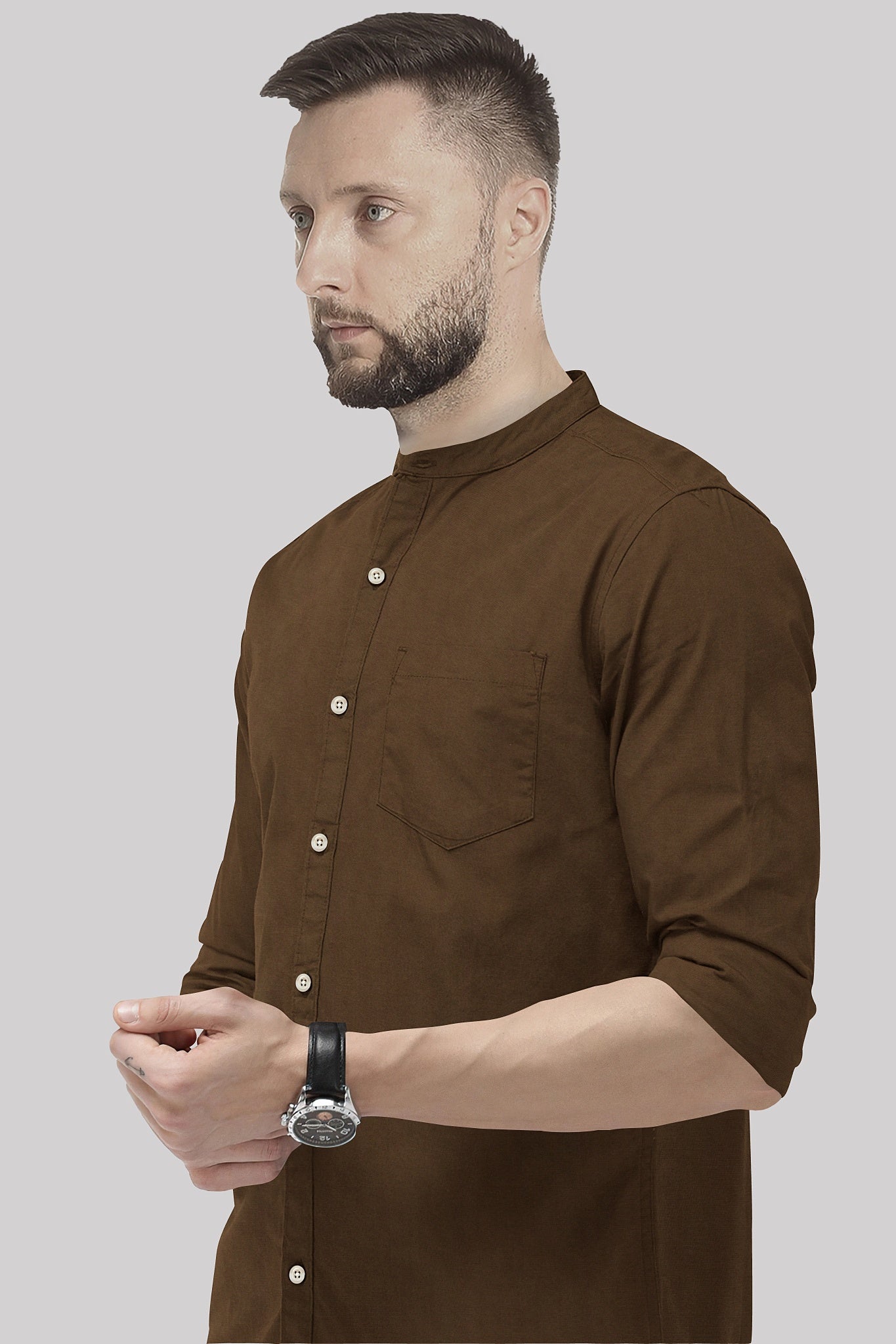 Bison Brown Mandarin Collar Premium Oxford Cotton Shirt
