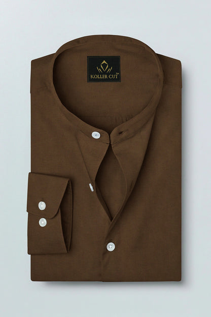 Bison Brown Mandarin Collar Premium Oxford Cotton Shirt