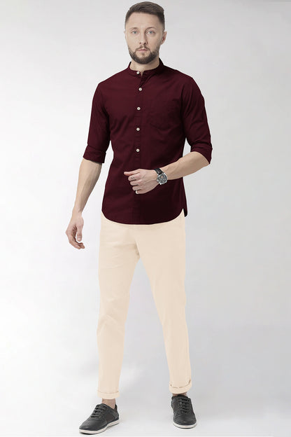 Rhubarb Red Mandarin Collar Premium Oxford Cotton Shirt