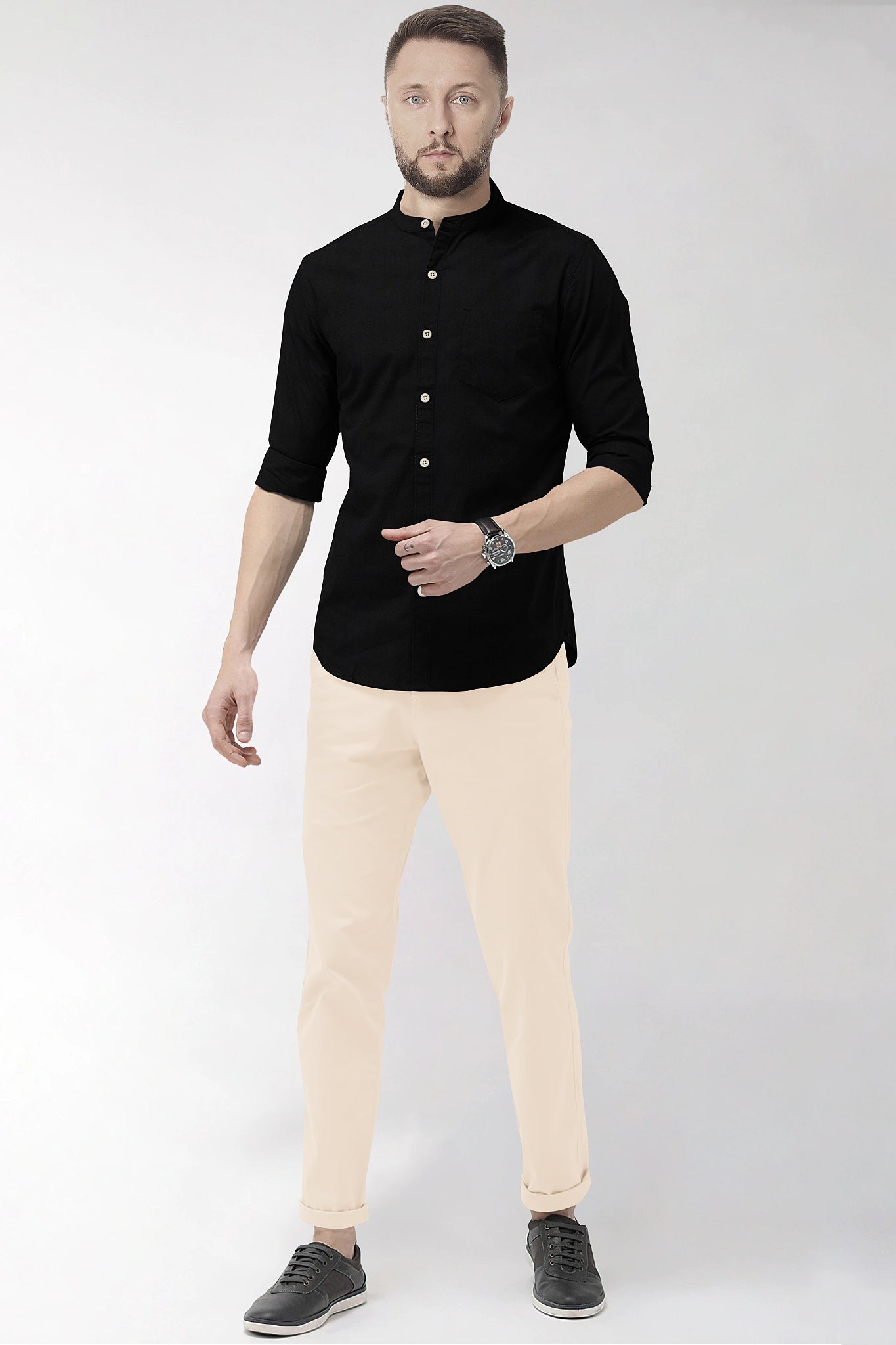 Jade Black Mandarin Collar Premium Oxford Cotton Shirt