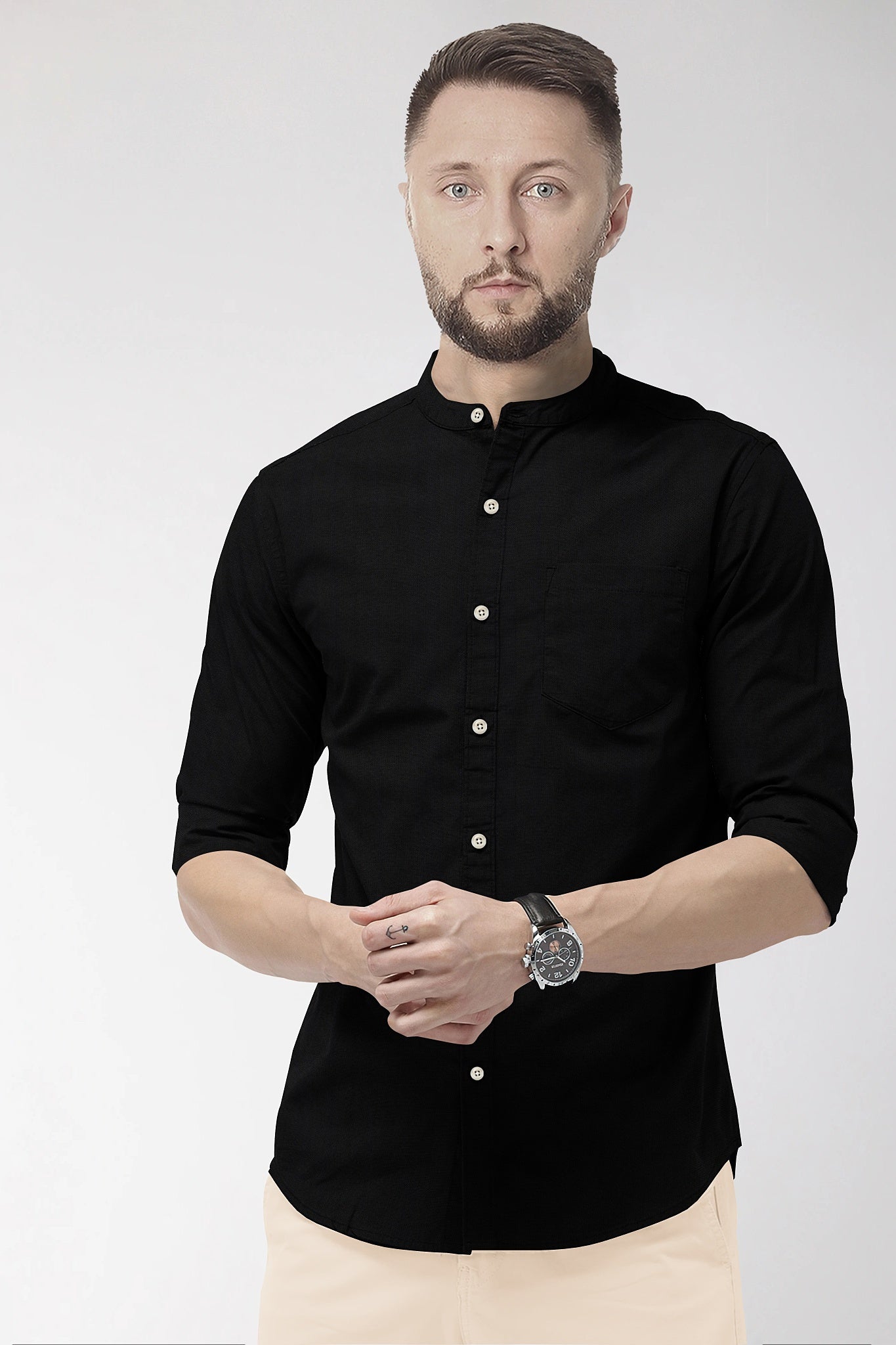 Jade Black Mandarin Collar Premium Oxford Cotton Shirt