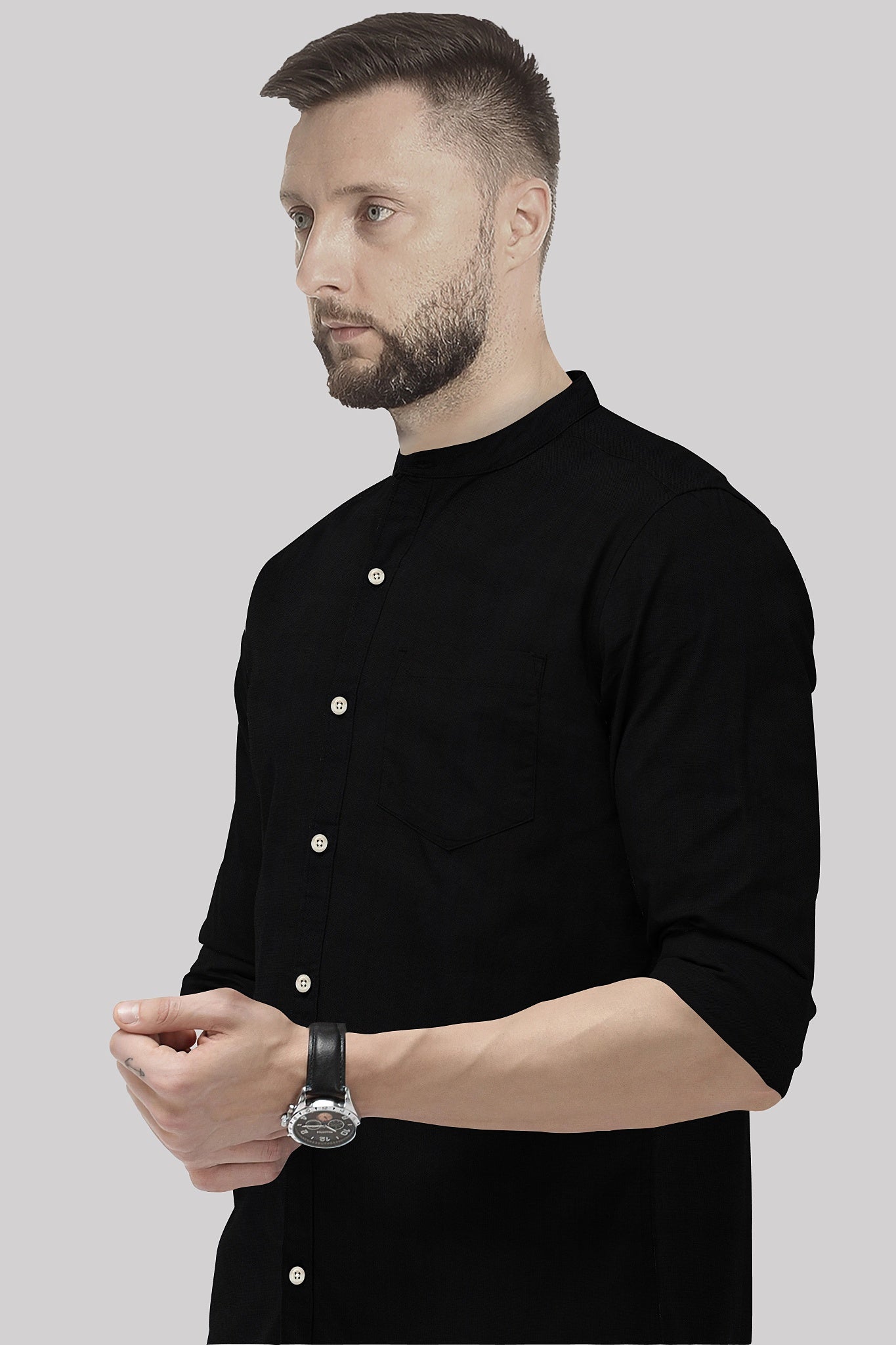 Jade Black Mandarin Collar Premium Oxford Cotton Shirt