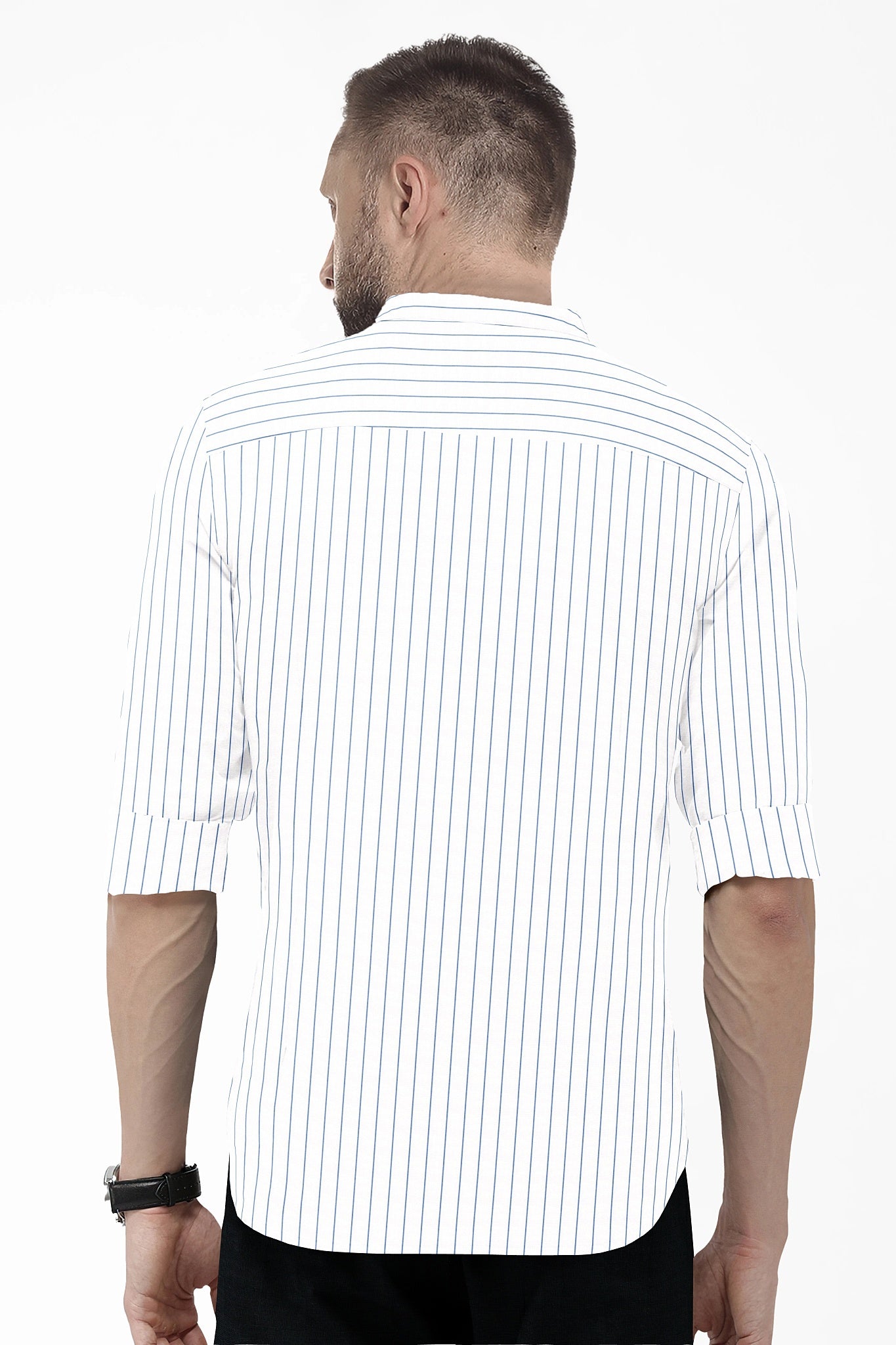 White and Dodger Blue Pin Stripes Mandarin Collar Cotton Shirt