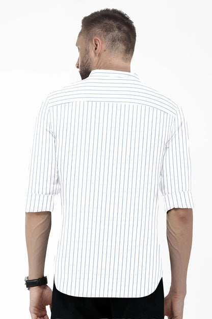 White and Dodger Blue Pin Stripes Mandarin Collar Cotton Shirt