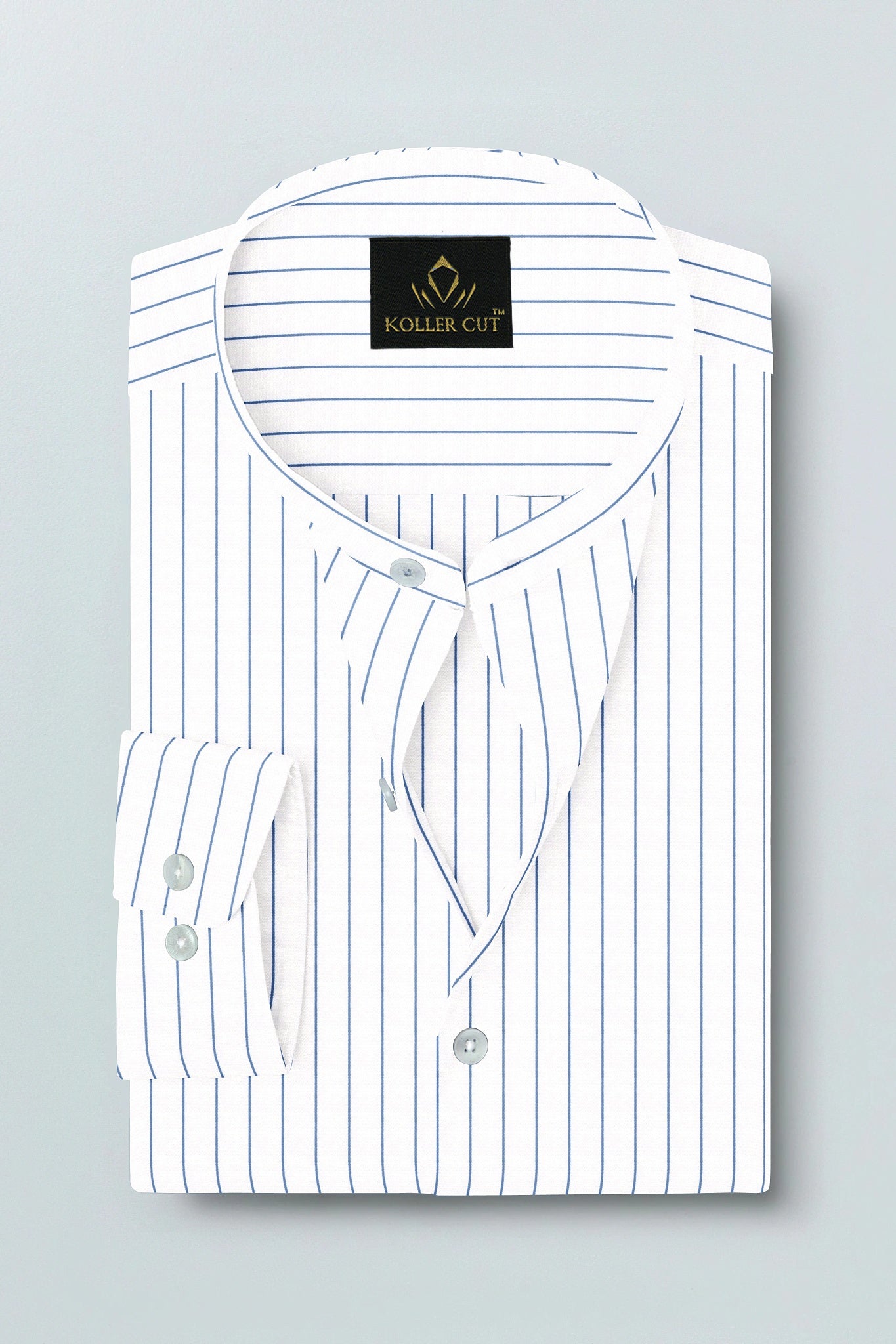 White and Dodger Blue Pin Stripes Mandarin Collar Cotton Shirt