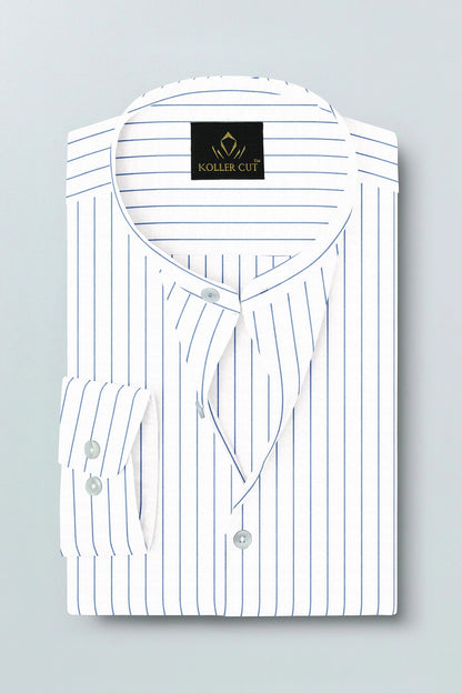 White and Dodger Blue Pin Stripes Mandarin Collar Cotton Shirt