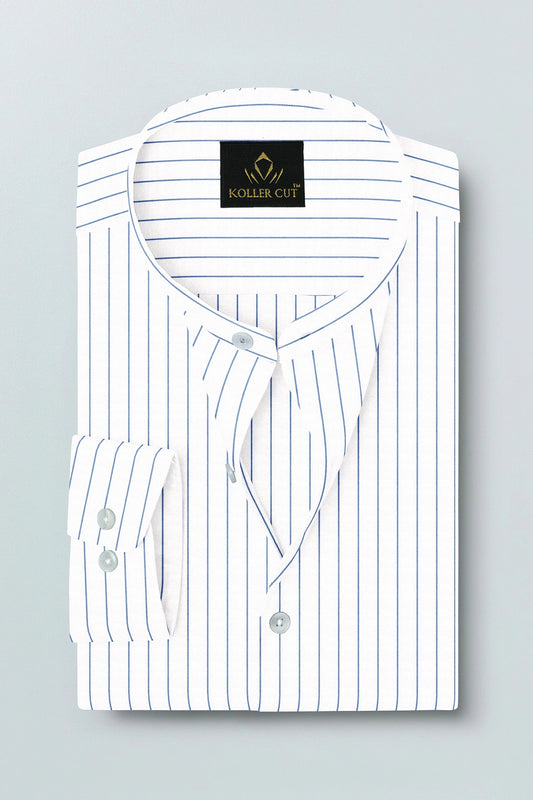 White and Dodger Blue Pin Stripes Mandarin Collar Cotton Shirt
