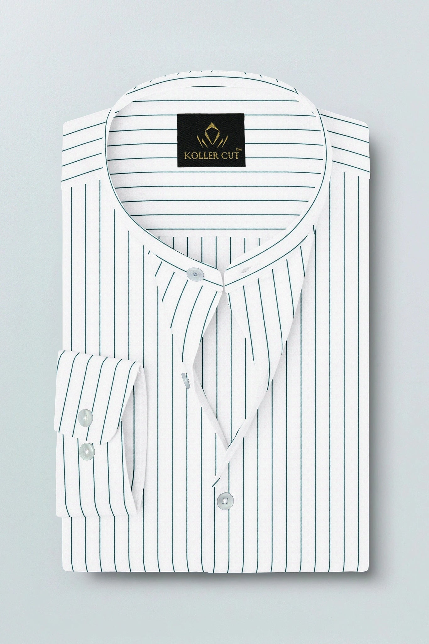 White and Amazon Green Pin Stripes Mandarin Cotton Shirt
