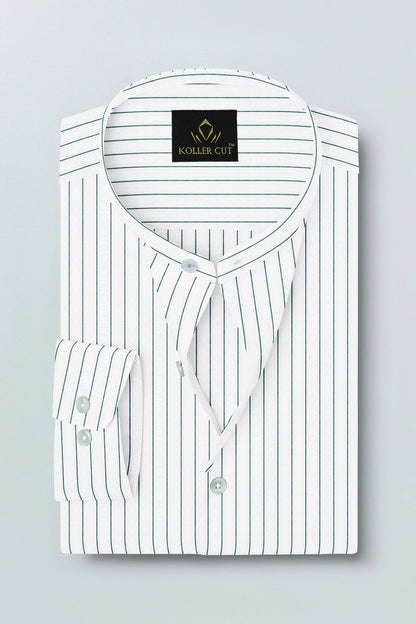 White and Amazon Green Pin Stripes Mandarin Cotton Shirt