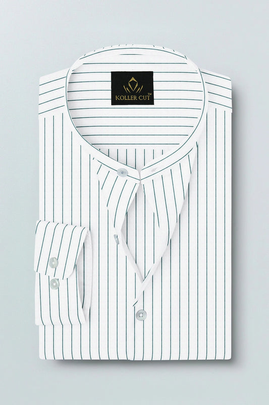 White and Amazon Green Pin Stripes Mandarin Cotton Shirt