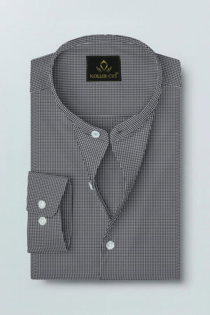 Jet Black and White Hounds Tooth Checks Mandarin Collar Cotton Shirt