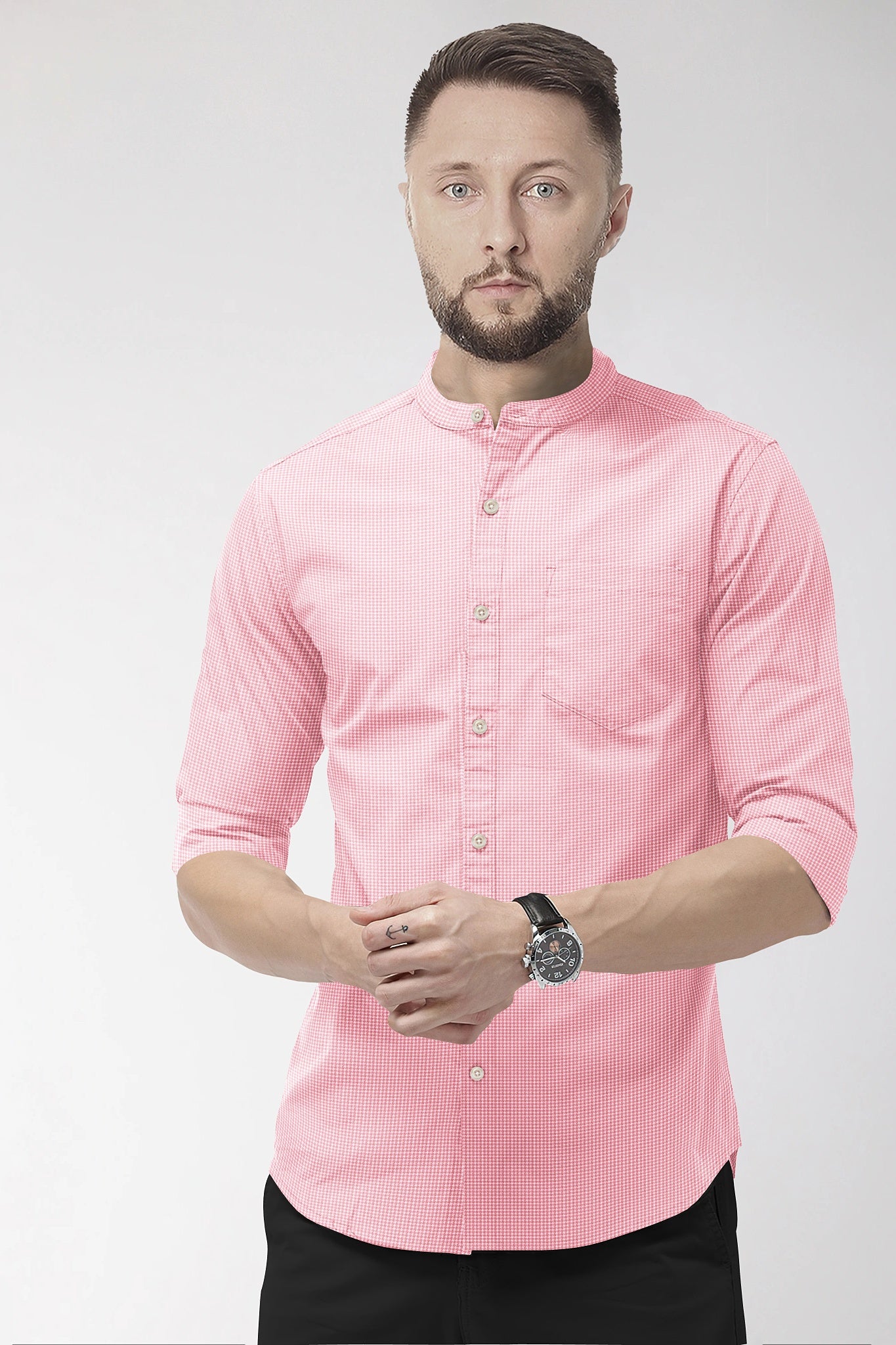 White and Petal Pink Hounds Tooth Checks Mandarin Collar Cotton Shirt