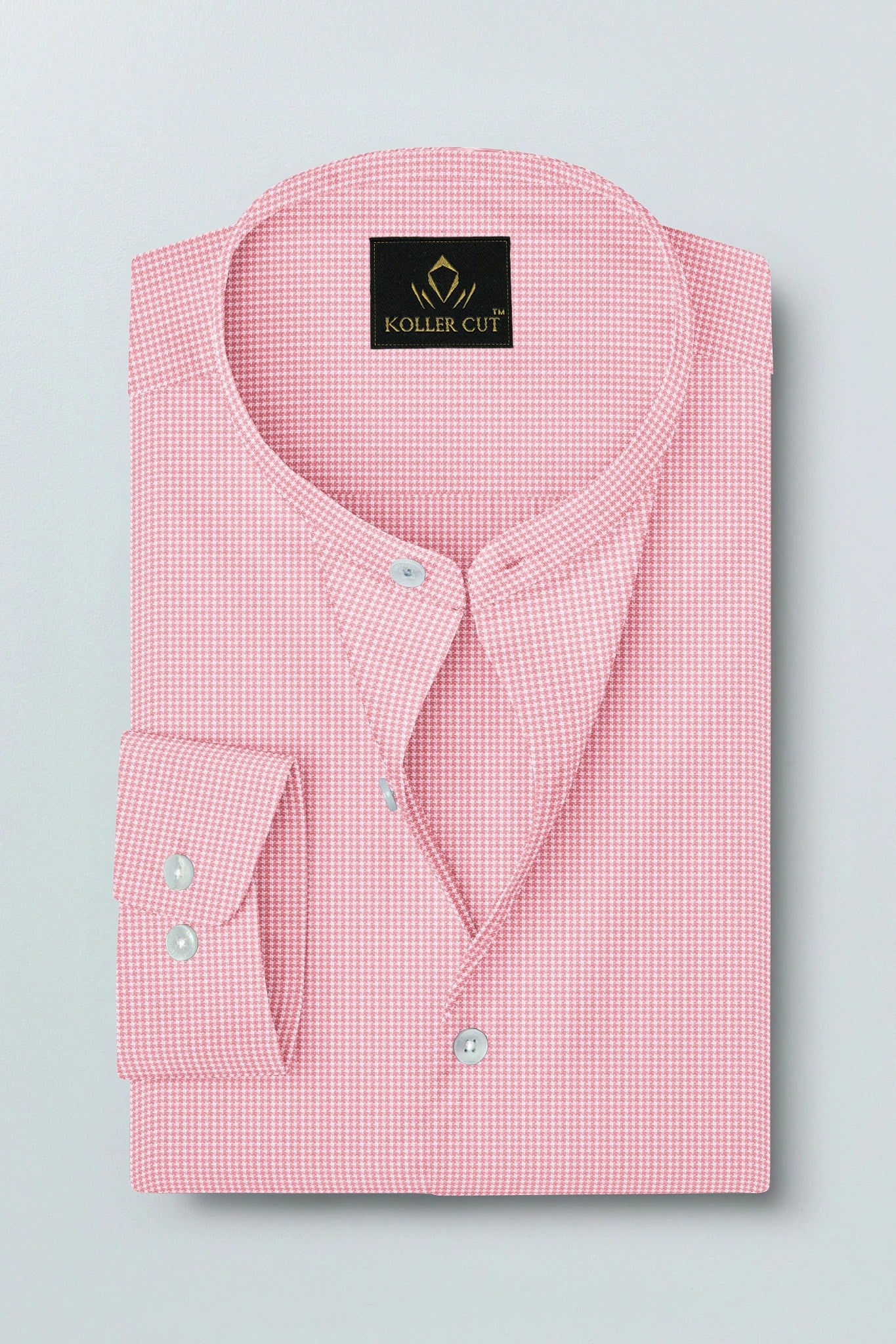 White and Petal Pink Hounds Tooth Checks Mandarin Collar Cotton Shirt