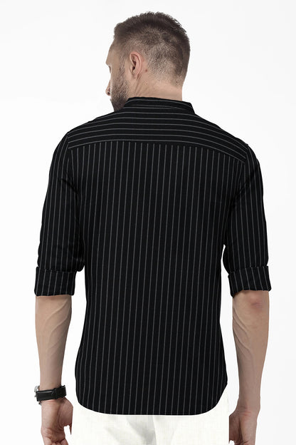 Ebony Black and Smoke White Stripes Oxford Mandarin Collar Cotton Shirt