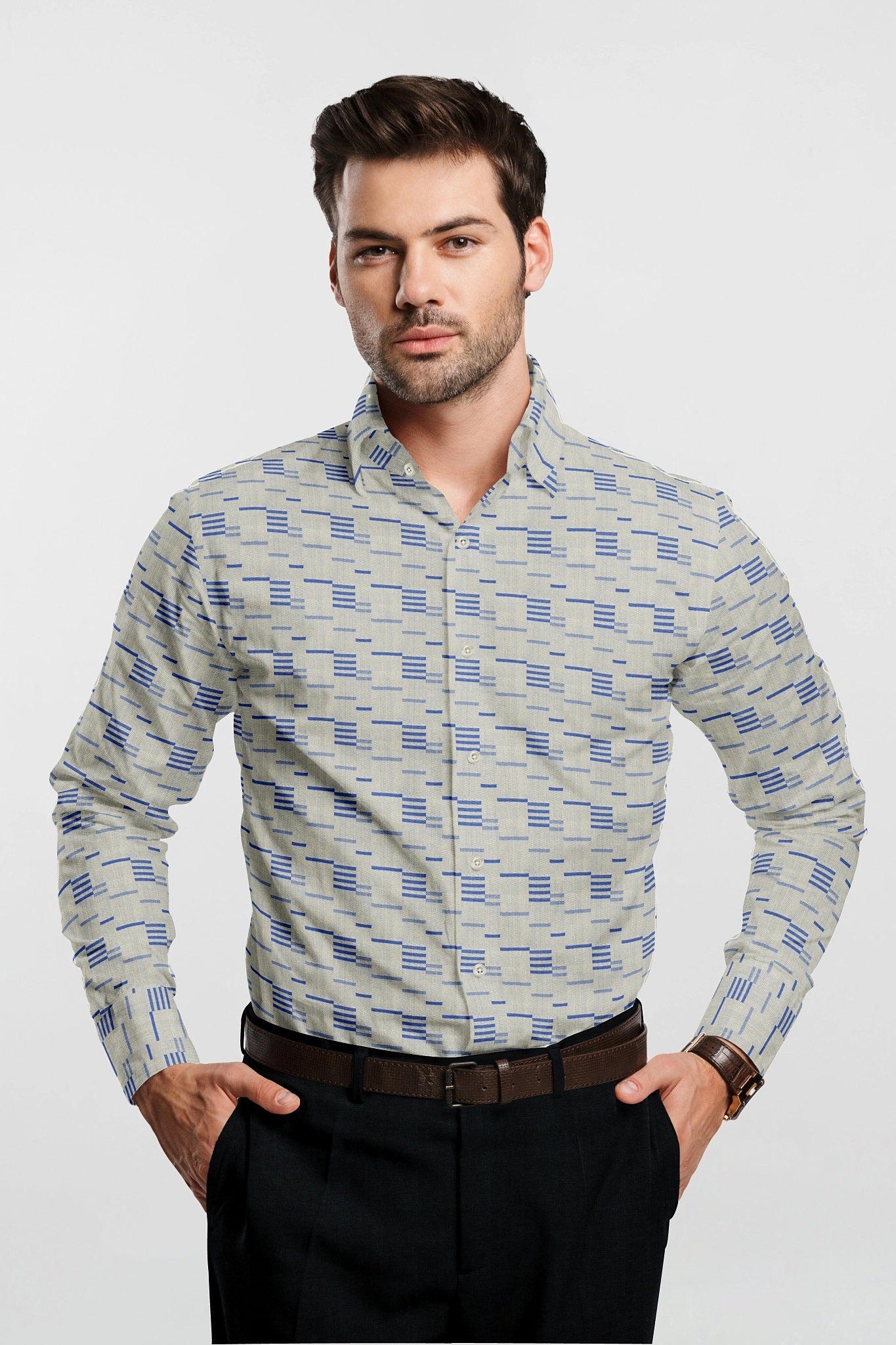 Ash Grey and Cobalt Blue Jacquard Morse Checks Cotton Shirt