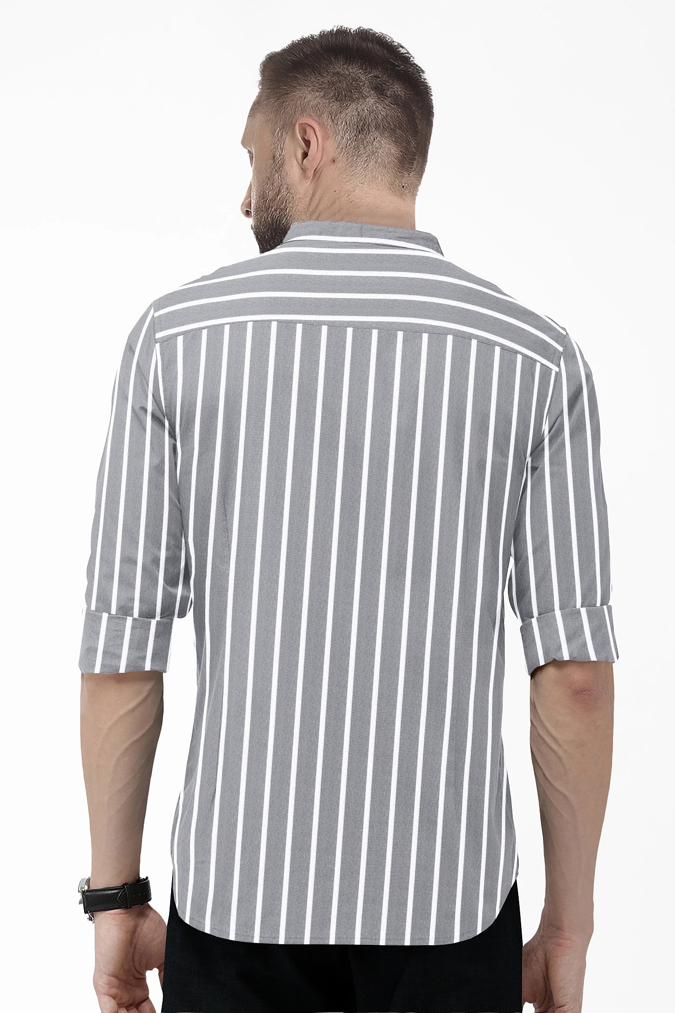 Mirage Gray and Flash White Chalk Stripes Oxford Mandarin Collar Cotton Shirt