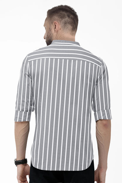 Mirage Gray and Flash White Chalk Stripes Oxford Mandarin Collar Cotton Shirt