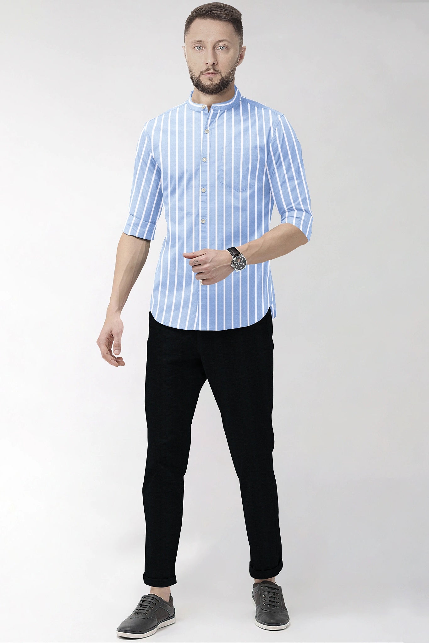 Brunnera Blue and Flash White Chalk Stripes Oxford Mandarin Collar Cotton Shirt