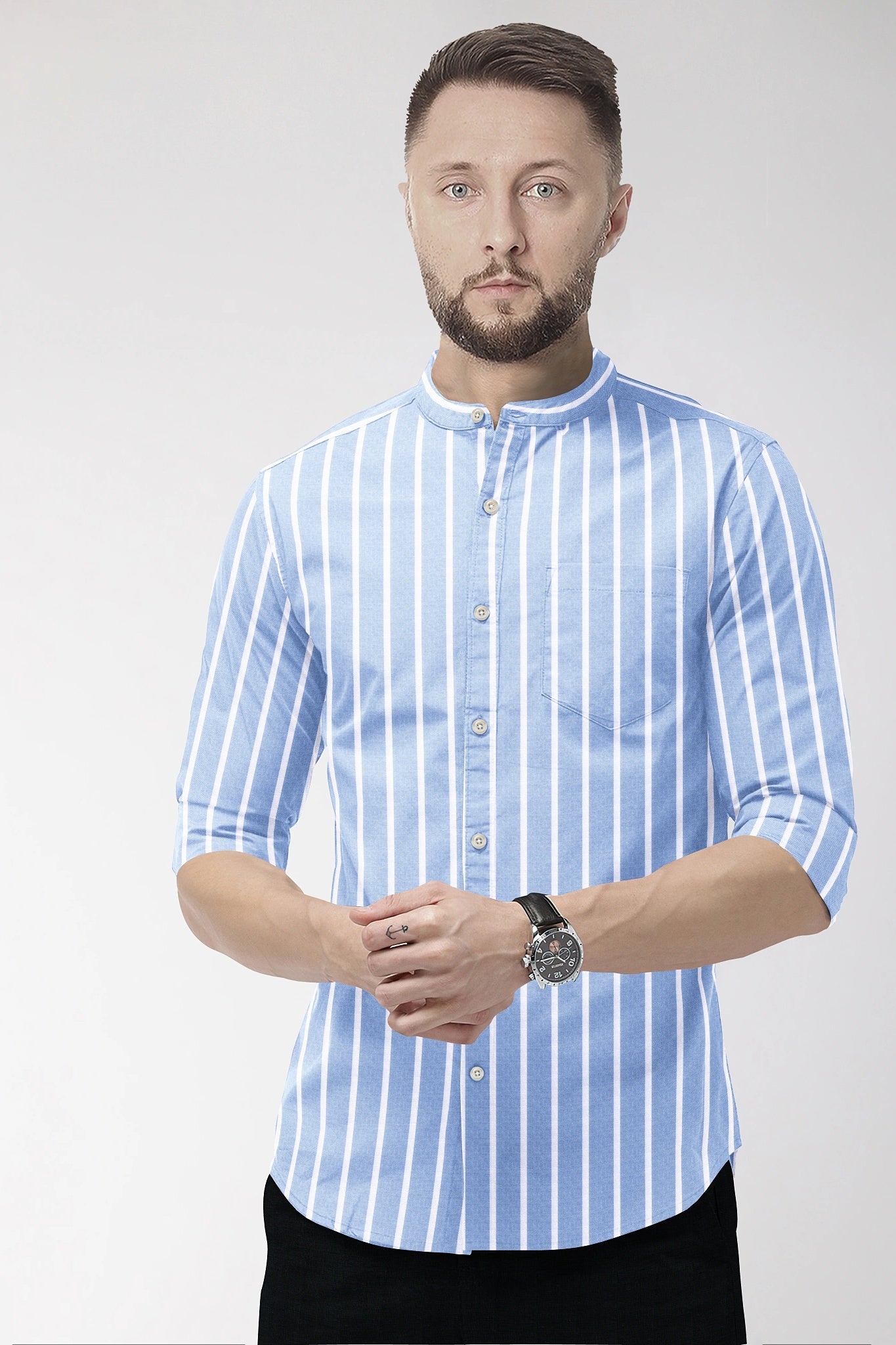 Brunnera Blue and Flash White Chalk Stripes Oxford Mandarin Collar Cotton Shirt
