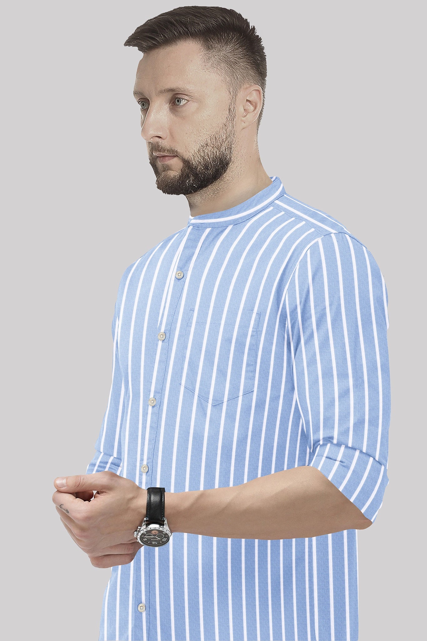 Brunnera Blue and Flash White Chalk Stripes Oxford Mandarin Collar Cotton Shirt