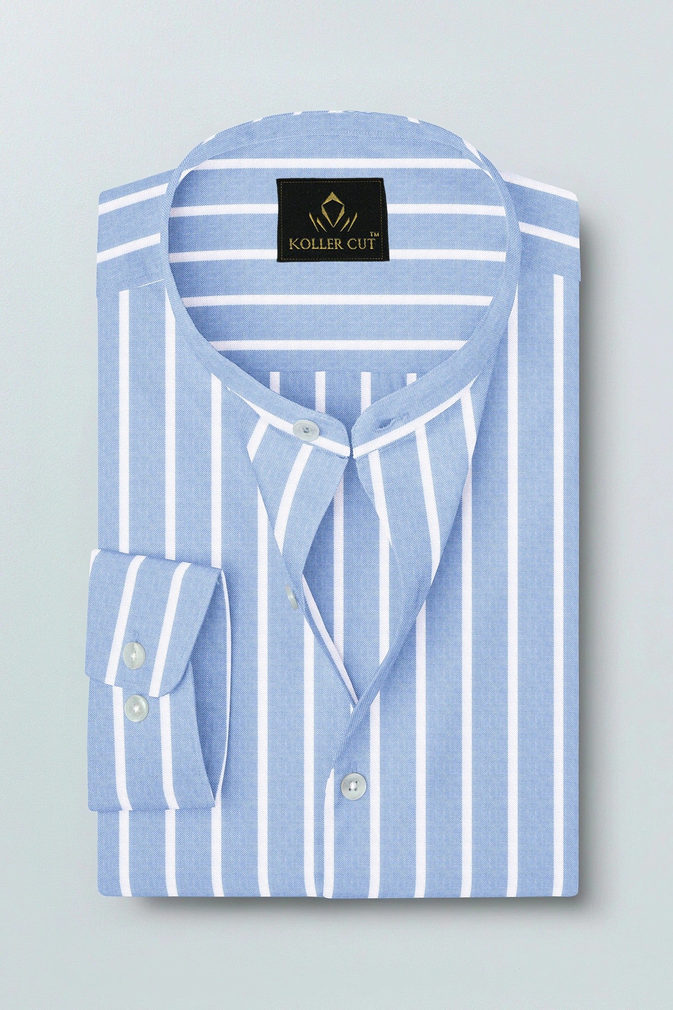 Brunnera Blue and Flash White Chalk Stripes Oxford Mandarin Collar Cotton Shirt
